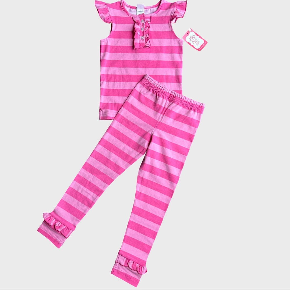 NWT RicRac & Ruffles Boutique Girls Pink Striped 2 Piece Outfit Shirt & Pants 4T